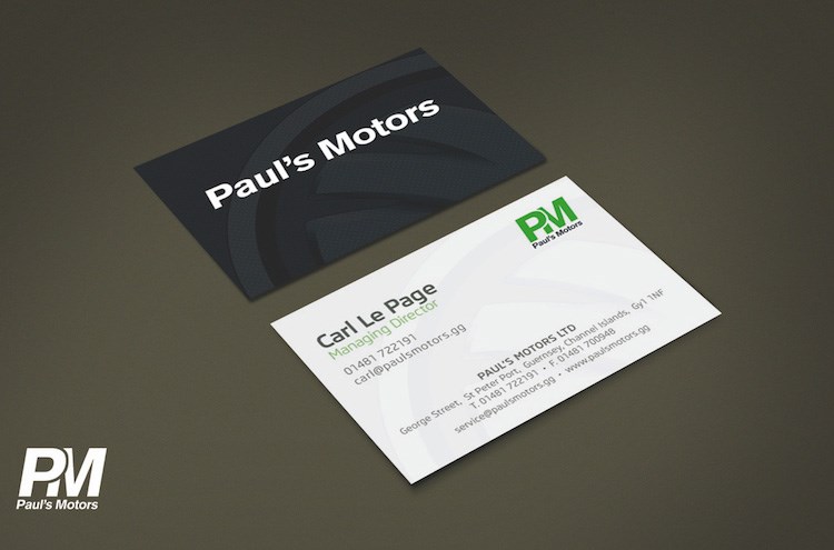 Pauls Motors, Guernsey, brand designed by Paul Brown for Submarine, business cards visual 