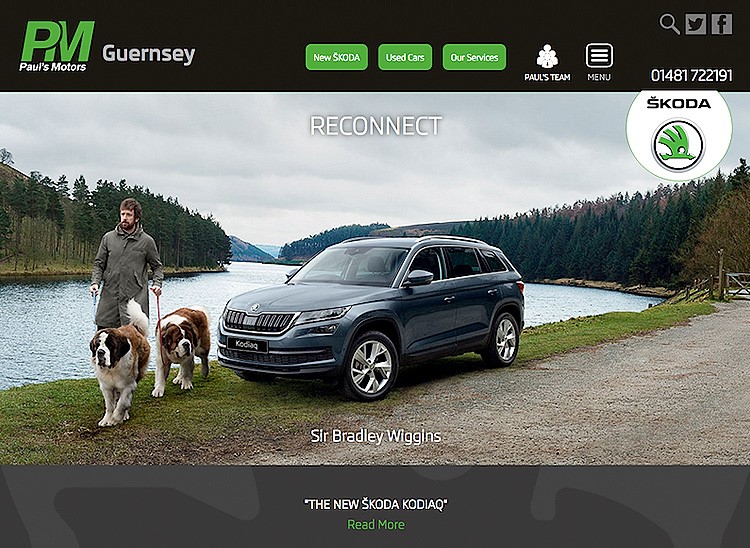 Pauls Motors, Guernsey main Skoda franchise motor dealership, website home page designed by Paul Brown for Submarine