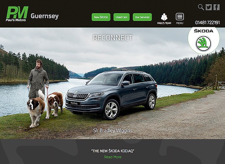 Pauls Motors, Guernsey main Skoda franchise motor dealership, website home page designed by Paul Brown for Submarine