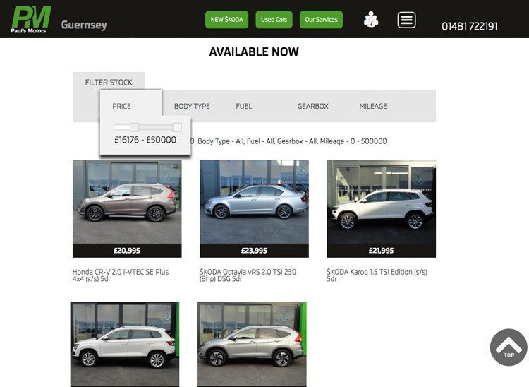 Pauls Motors, Guernsey extended website function developed by Submarine