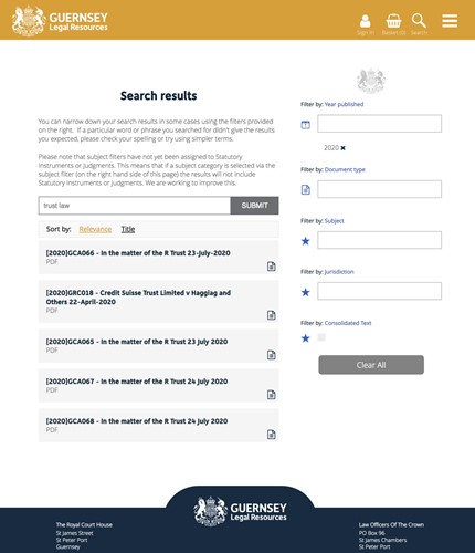 Guernsey Legal resources website - search facility